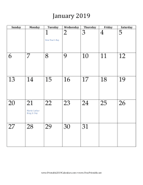 Printable January 2019 Calendar (vertical)